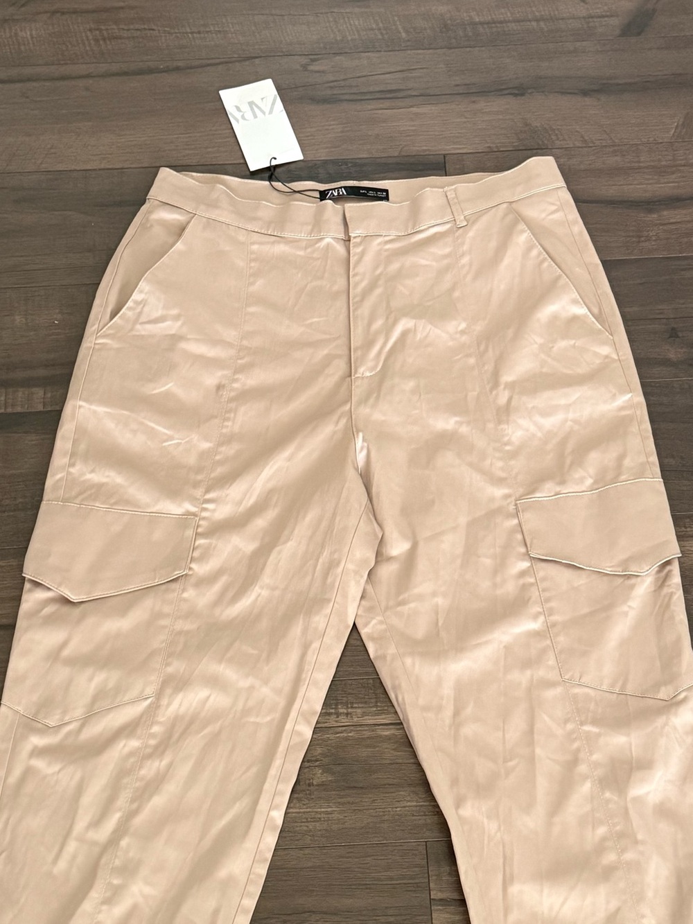ZARA High Waist Satin Cargo Jogger Pants Tan Women’s L NWT - Picture 2 of 9